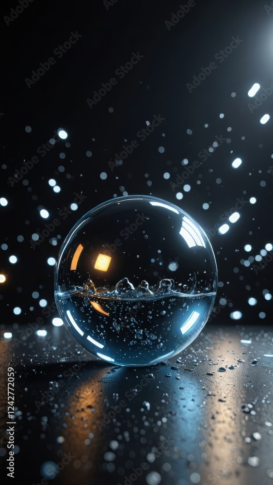 Poster transparent sphere with floating particles and reflections on a dark surface
