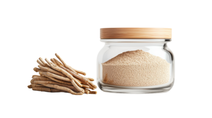 Organic ashwagandha powder and root in a stylish glass jar for wellness.