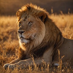 Fototapeta premium A majestic lion resting on a golden savanna at sunset.