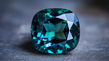 Blue Green Gemstone: A captivating cushion-cut gemstone, boasting a rich teal hue and brilliant facets, rests elegantly on a dark gray surface.