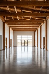 A wide-angle view of an empty, minimalist interior with wooden beams on the ceiling and concrete floors. The walls have white panels, creating a contrast against the natural wood elements. 