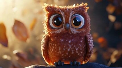 Adorable Baby Owl: A charming, cartoonish baby owl with large, expressive eyes and fluffy brown feathers sits on a dark surface, autumn leaves softly blurred in the background.