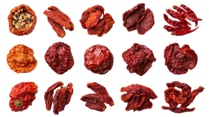 Various types of dried red chilies arranged in a visually appealing manner.