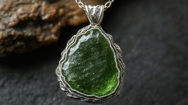 Green Libyan Desert Glass Pendant: A stunning teardrop-shaped Libyan Desert Glass pendant, showcasing its mesmerizing green hues and unique texture, is elegantly set in a silver wire frame.