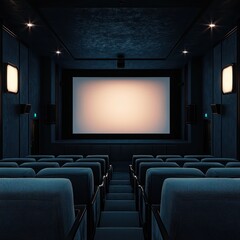 A minimalist 3D cinema interior features a softly glowing large screen, surrounded by dark, shadowy upholstered seating.