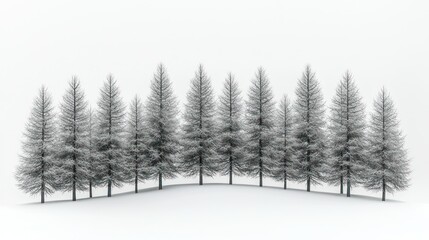 Fototapeta premium Snowy conifers on hill, winter scene, white background, holiday card