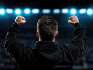 Celebrating victory stadium sports event nighttime rear view achievement and emotion