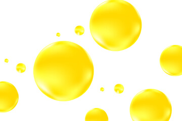 Cute glowing lemon yellow liquid bubbles or fluid jelly droplets isolated on transparent background. Cute honey, acid neon yellow presentation, beauty serum, cosmetology science, molecular concept