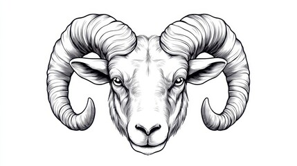 Detailed Sketch of a Majestic Ram Head with Curved Horns