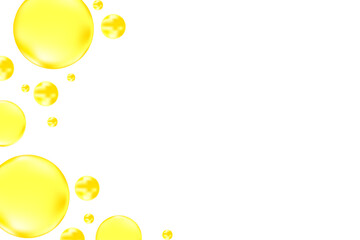Cute glowing lemon yellow liquid bubbles or fluid jelly droplets isolated on transparent background. Cute honey, acid neon yellow presentation, beauty serum, cosmetology science, molecular concept
