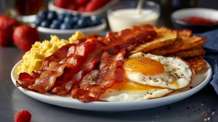Scrambled Eggs and Bacon Platter: A hearty breakfast platter with scrambled eggs, crispy bacon strips, golden hash browns, and fresh fruit slices.