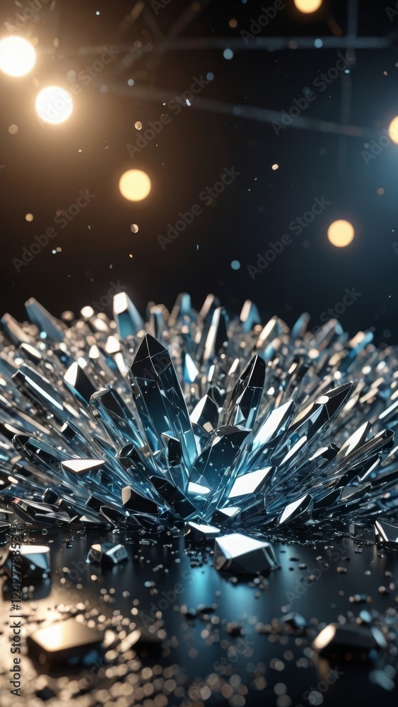 Poster crystalline burst with sparkling shards and glowing lights on a dark backdrop