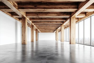 A wide-angle view of an empty, minimalist interior with wooden beams on the ceiling and concrete floors. The walls have white panels, creating a contrast against the natural wood elements. 
