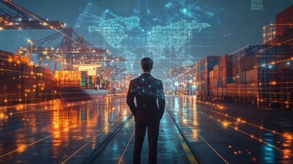 Obraz premium Businessman Interacting with Virtual Global Logistics Network Amidst Shipping Containers at a Port