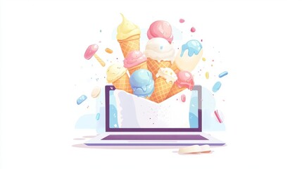 Obraz premium Bright hand-drawn cartoon laptop bursting with colorful ice cream cones, representing online ordering and fun food themes