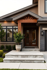 Modern Luxury House Exterior: Stunning Architecture and Landscaping Design. View the contemporary home's entrance, showcasing elegant stone steps, a wooden door, and beautiful landscaping.