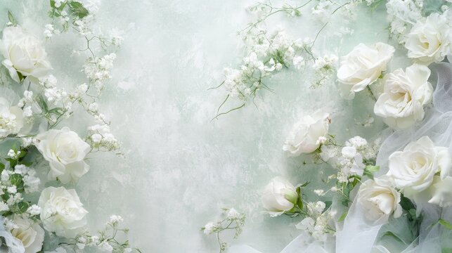 Delicate mini white roses and soft white tule in pastel mint and white tones create a dreamy, ethereal atmosphere, perfect for maternity photo studio backdrops with a soft grey background.