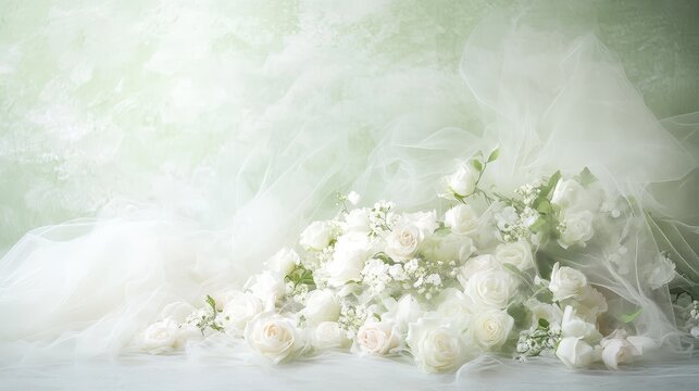Delicate mini white roses and soft white tule in pastel mint and white tones create a dreamy, ethereal atmosphere, perfect for maternity photo studio backdrops with a soft grey background.