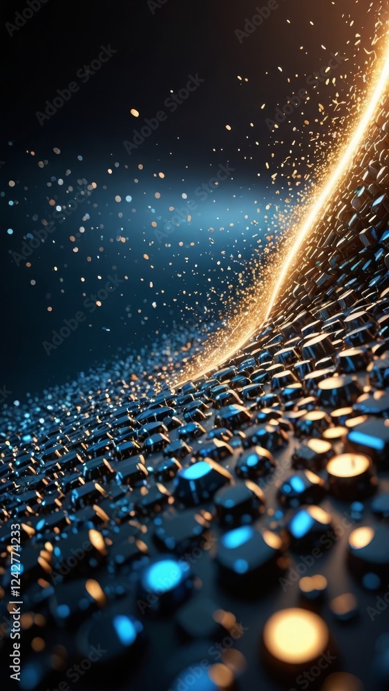 Poster flowing wave of metallic cubes with glowing particles on a dark background