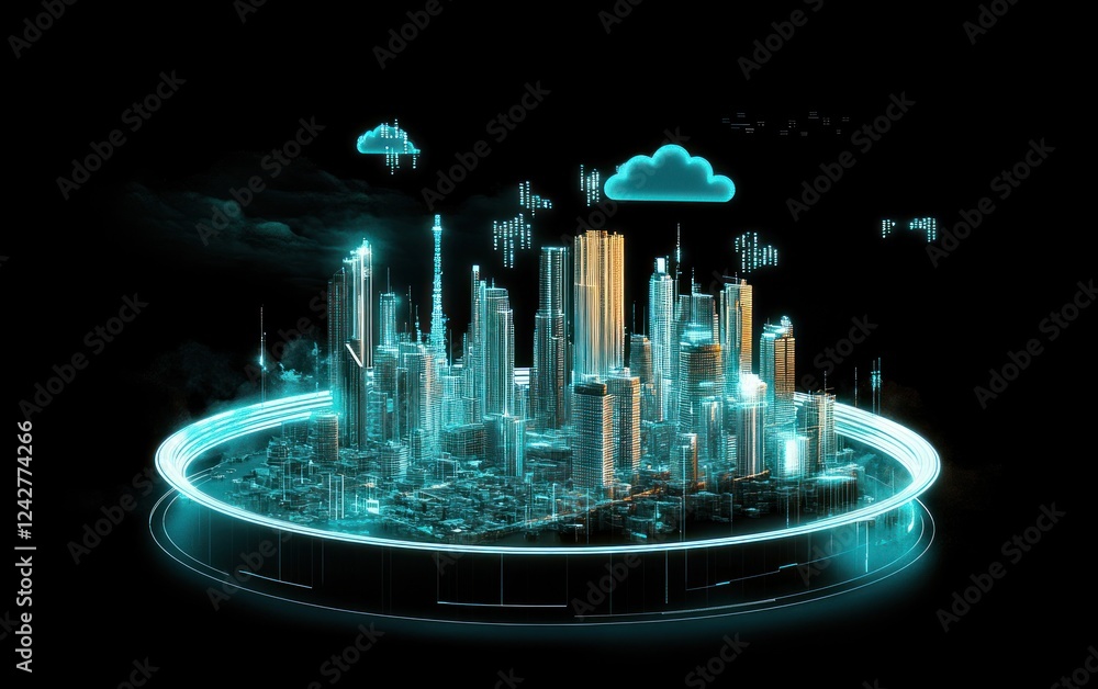 Aufkleber glowing 3d city model with data clouds floating above, for tech or futuristic presentations
