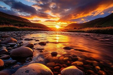 Obraz premium Clear river rocks glow under the warm sunset light.