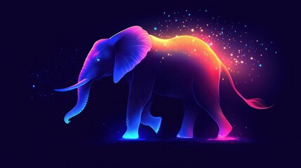 Glowing elephant walking, dark background, magic sparks, art