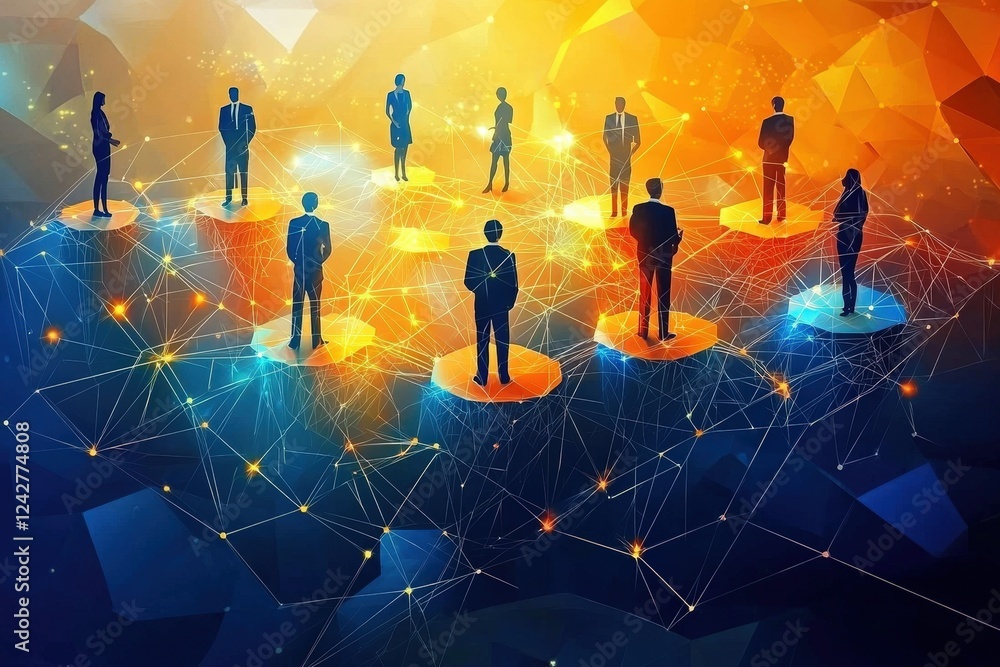 Poster visual representation of a global network connection involving diverse business professionals.