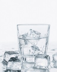 Refreshing Glass of Ice Water with Melting Ice Cubes on a White Background