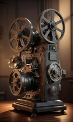 Obraz premium Vintage film projector with warm spotlight showcasing old movie reel, spotlight, retro, cinematic