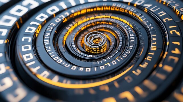 Digital Spiral of Binary Code with Glowing Elements and Depth