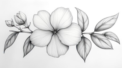 Monochrome flower branch sketch, white background, design element