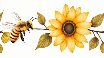 A vibrant illustration of a bee approaching a sunflower, showcasing nature's beauty and the relationship between pollinators and flowers.