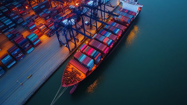 Cargo ship docked at illuminated shipping port.