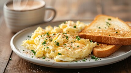 Scrambled Eggs: Scrambled eggs served with whole-grain bread and a side salad, styled on a modern dining table. 