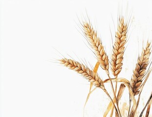 Golden wheat stalks against white background, harvest season, food industry