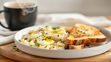 Scrambled Eggs: Scrambled eggs served with whole-grain bread and a side salad, styled on a modern dining table. 