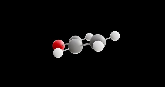 Acrolein molecule, rotating 3D model of aldehyde, looped video on a black background