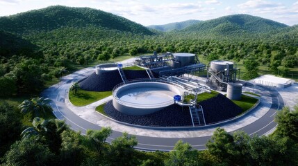 Aerial View of an Industrial Plant in a Green Hilly Landscape
