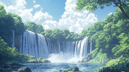 Fototapeta premium Serene Waterfall Landscape: A Breathtaking Nature Scene of a Majestic Waterfall Cascading Through a Lush Forest