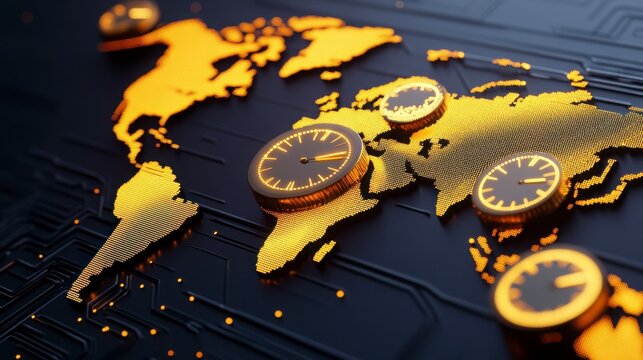 Golden World Map with Clocks and Circuit Board Design Concept - Powered by Adobe