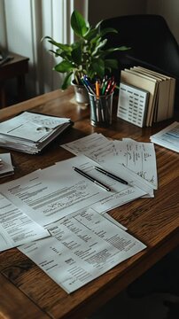 Documents and stationery scattered on a wooden desk in a focused workspace