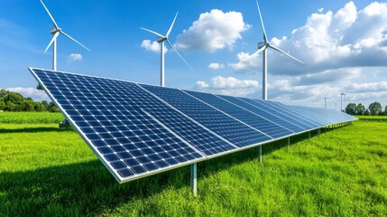 Solar Panels Under Clear Sky with Wind Turbines in Background