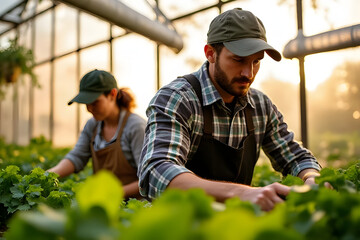 Gardeners in a greenhouse, focusing on plant maintenance