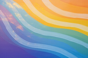 A vibrant gradient wall art features flowing waves of colors, transitioning from warm oranges to cool blues, creating a cheerful and uplifting atmosphere.