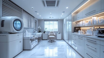 Dermatology room equipped with advanced skin analysis machines sterile treatment tools laser devices and neatly arranged medicines for dermatological care and treatments