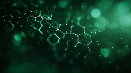 Obraz premium Abstract green molecular structure background with floating particles, science and technology concept, futuristic digital visualization for medical research, biotechnology, genetics, and microscopic b