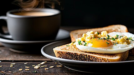 Scrambled Eggs: Scrambled eggs served with whole-grain bread and a side salad, styled on a modern dining table. 
