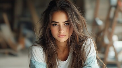 Obraz premium Photorealistic image of a young woman with long brown hair, dressed in a white t-shirt layered under a light turquoise sweatshirt, skinny ripped jeans, tanned skin, natural lighting, soft focus, 