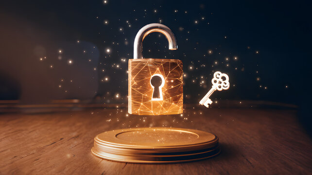 A floating lock with a key hovering nearby, both glowing softly.