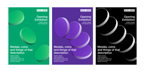 Coin medal low cylinder circle 3D poster collection simple modern green violet black background printing exhibition annual round gradient layout minimal style 